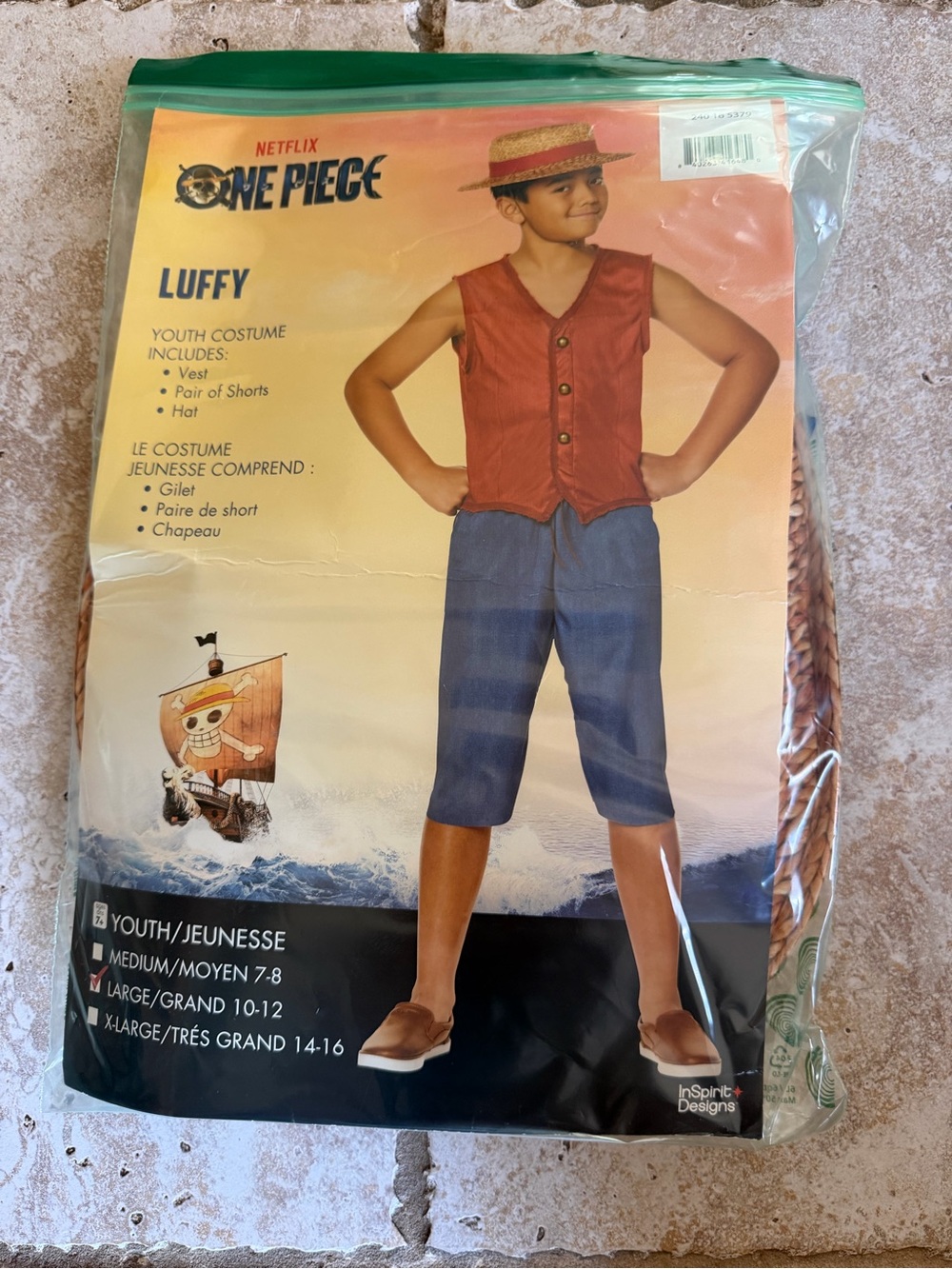 NWOT One Piece Luffy Youth Costume Kids Medium 10-12 Inspirit Designs 3pc set